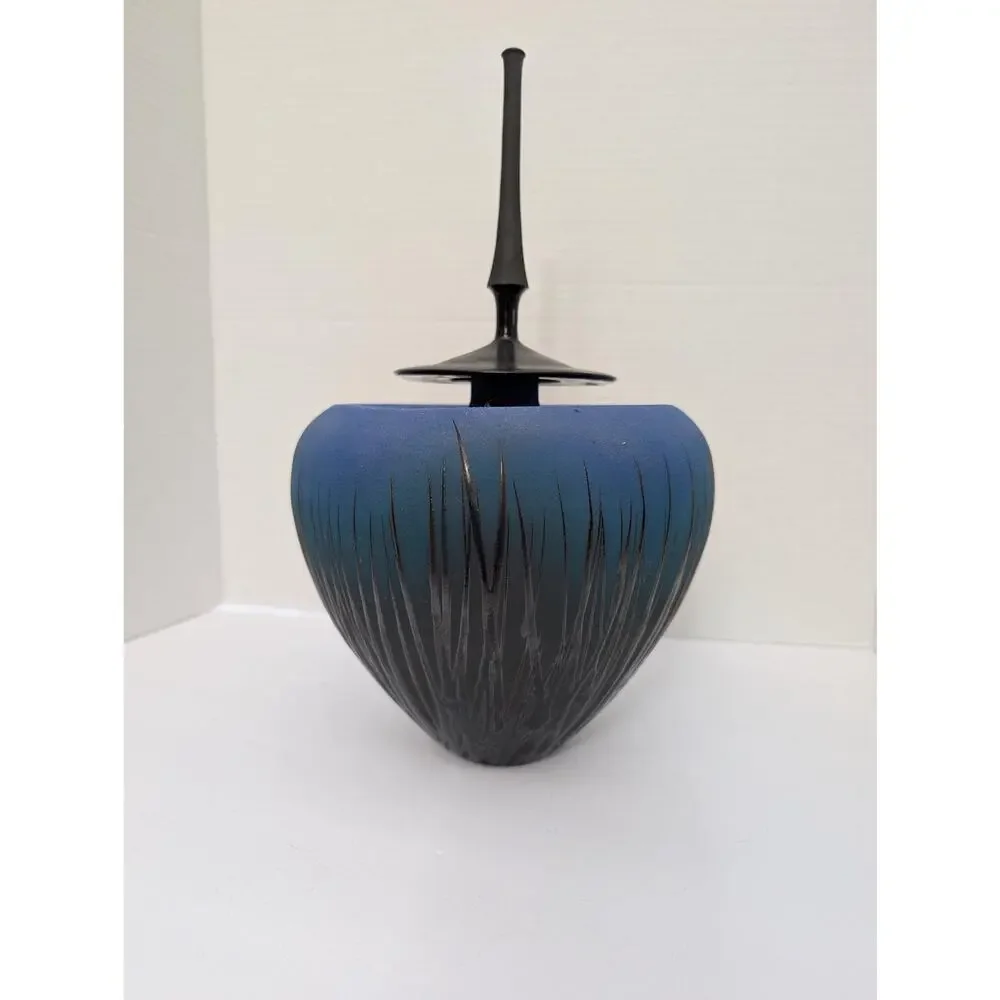Modernist Studio Art Pottery Lidded Vessel Ombre Blue Sgraffito Grass Tall